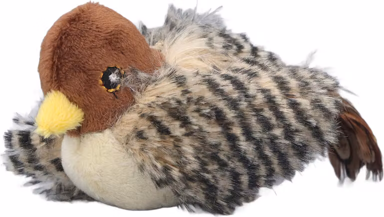 Giocattolo per gatti interattivo elettrico da caccia in morbido peluche per ridurre la paura per uccelli domestici da interno 14x7x5,5 cm
