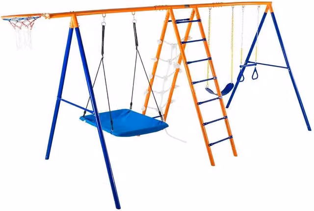 Altalena da Giardino 6 in 1 in Metallo con 2 Altalene, Trapezio e Scala da Arrampicata, Multicolore, Portata 200kg per Bambini dai 3 Anni in su