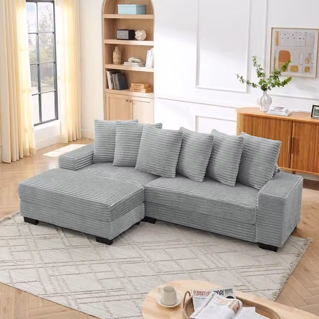 Divano angolare reversibile 4 posti con chaise longue e 6 cuscini in velluto a coste grigio 256,5 × 133,5 × 89 cm