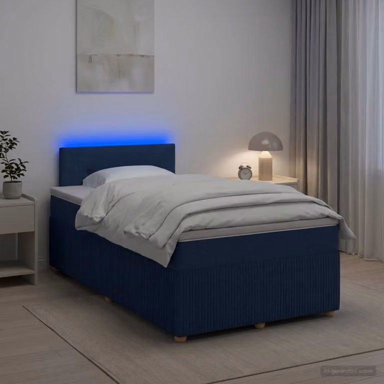Letto box spring con materasso vidaXL in tessuto blu e bianco, con illuminazione sottostante e porta USB, L 120 x P 200 cm