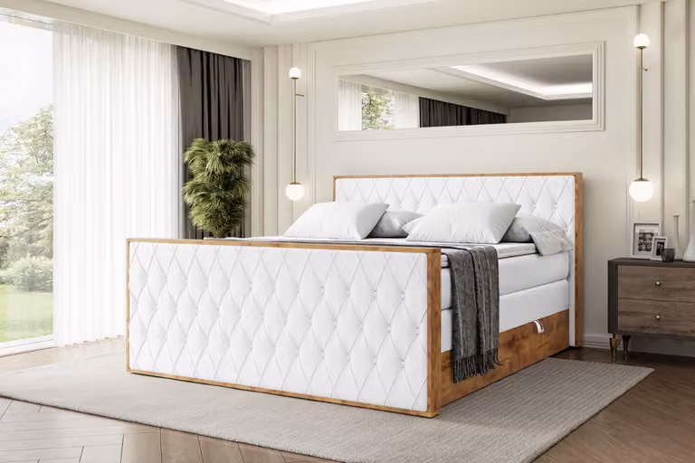 Letto boxspring ALTDECOR con materasso e rete a doghe, topper, pediera, letto imbottito con contenitore, letto con spazio contenitivo, materassi H3 e H4, letto matrimoniale -LOLLI5-Z KING-200x200 - Pelle finta bianca