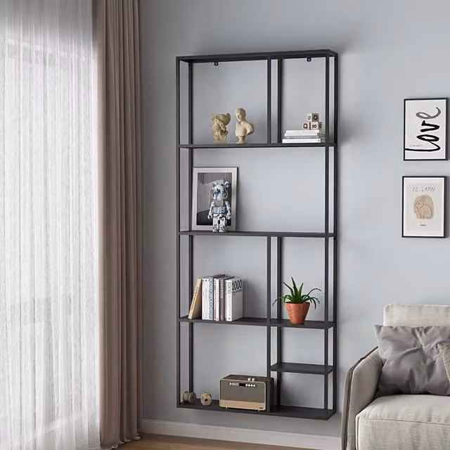 Scaffale da parete Jämijärvi en.casa in acciaio con scomparti aperti, stile industrial, nero opaco, L: 180 cm, H: 80 cm, P: 18 cm