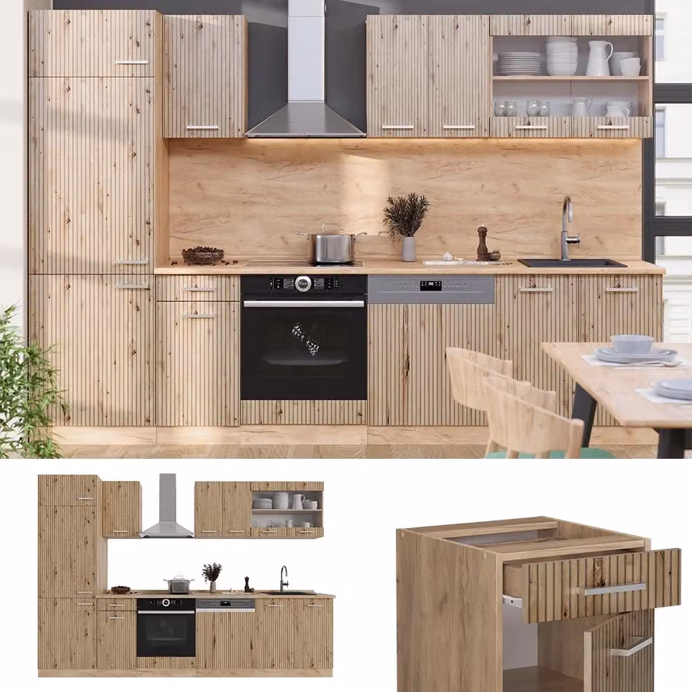 Cucina componibile moderna Vicco R-Line in rovere e antracite, L: 300 cm – 2
