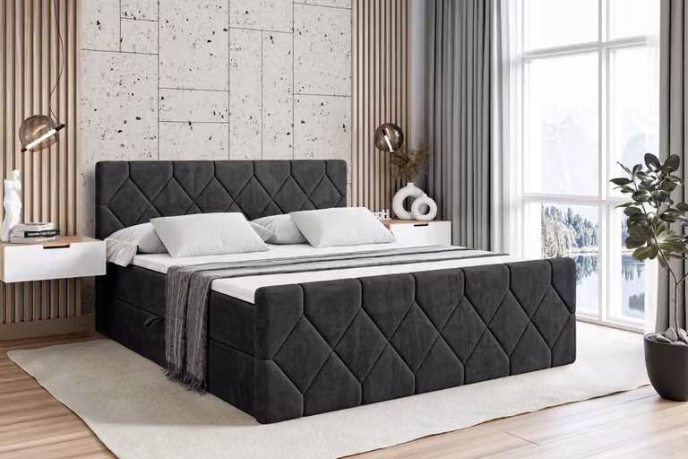 Letto boxspring ALTDECOR con pediera, materasso H3 e topper - 180x200 cm - CATOR-Z - Velluto nero - Letto imbottito con contenitore e rete a doghe, letto con spazio contenitivo