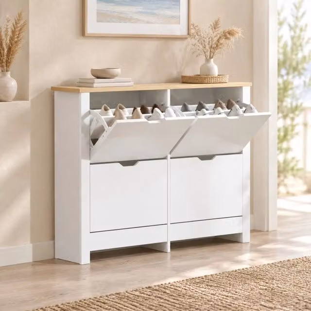 Scarpiera ULEVR 105x26x80 cm con 4 vani a ribalta e ripiani, bianca in legno