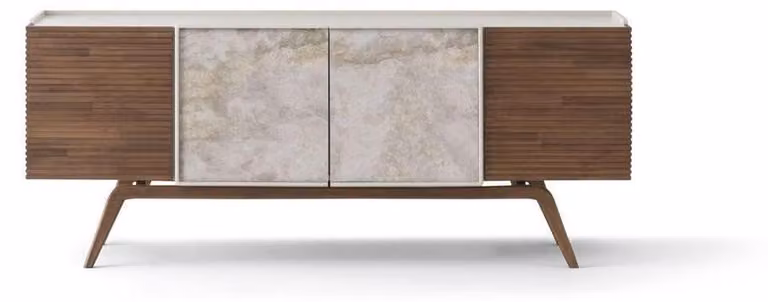 Credenza, mobile contenitore, tavolino da buffet. Design moderno, bianco e marrone, elegante