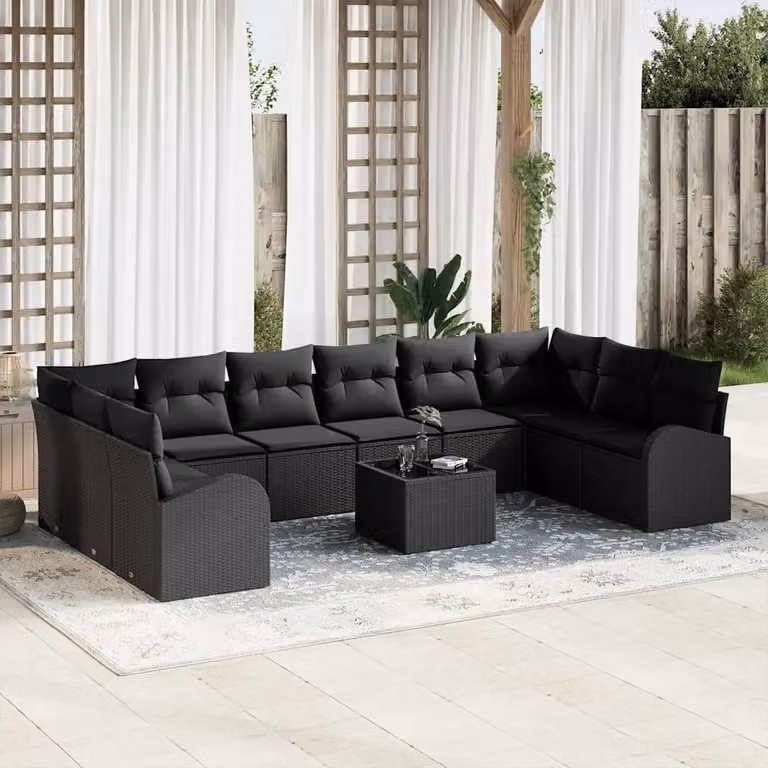 Set Divano da Giardino vidaXL in Polyrattan Nero con Cuscini e Tavolino da Esterno 11 Pezzi