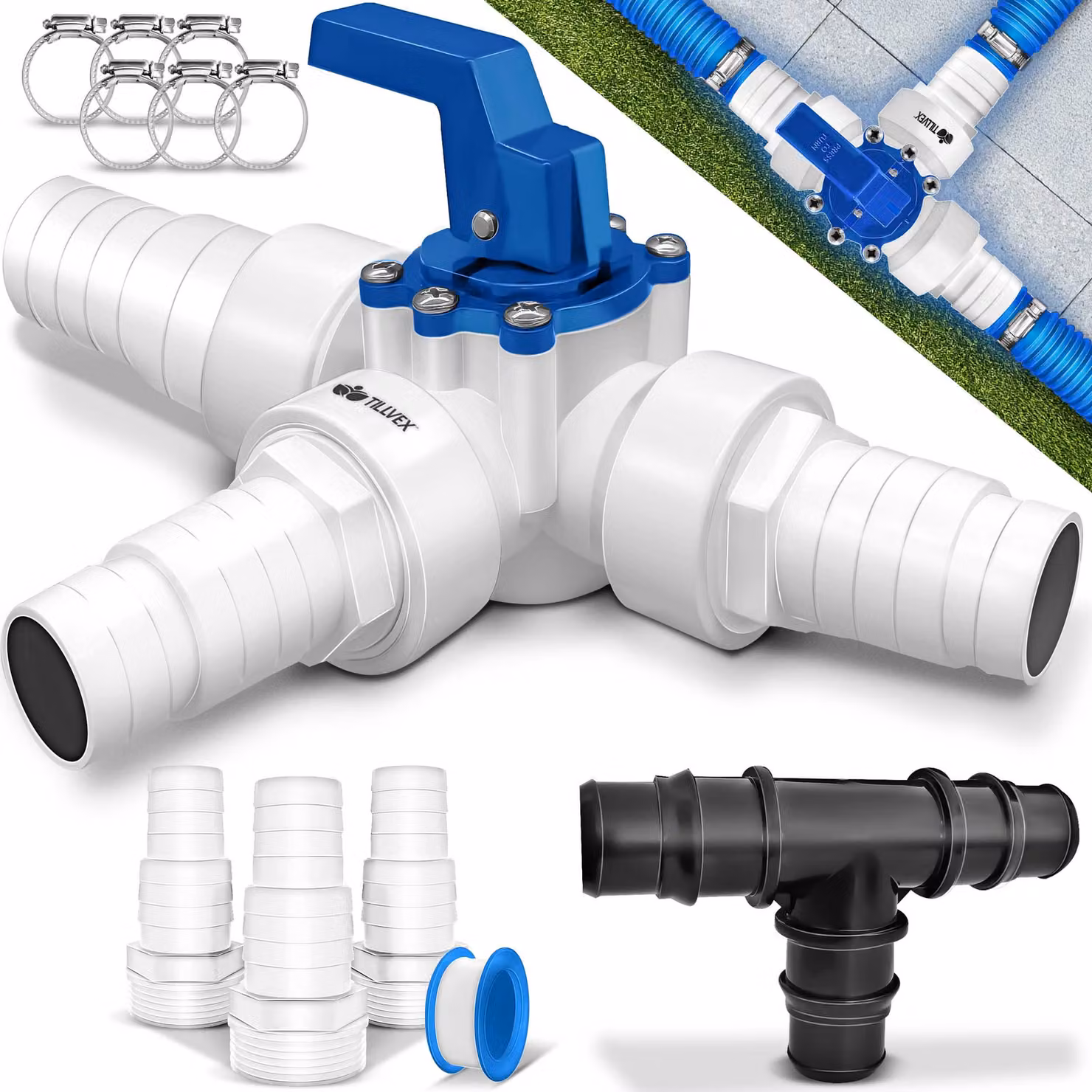 tillvex® Set bypass piscina 12 pezzi - attacco Ø32 e 38 mm | valvola a 3 vie e adattatore ABS | 6x fascette stringitubo e 8m di nastro isolante - ideale per sistemi di filtraggio a sabbia, pompe di calore e riscaldamento piscina (blu)