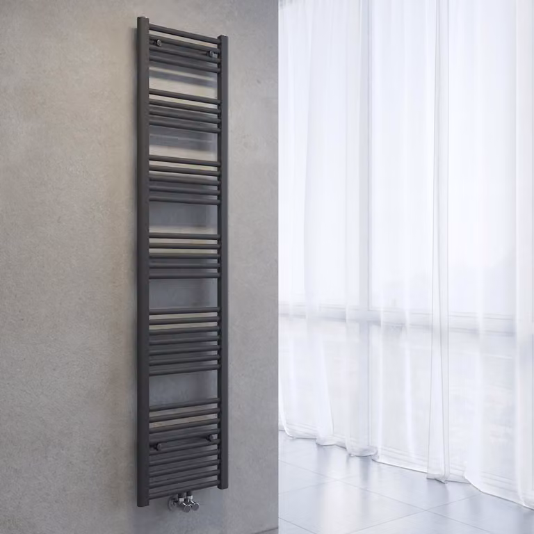 Radiatore asciuga-asciugamani SONNI, dimensioni 1800 x 400 mm, colore grigio antracite, sistema di riscaldamento ad acqua calda, senza resistenza elettrica