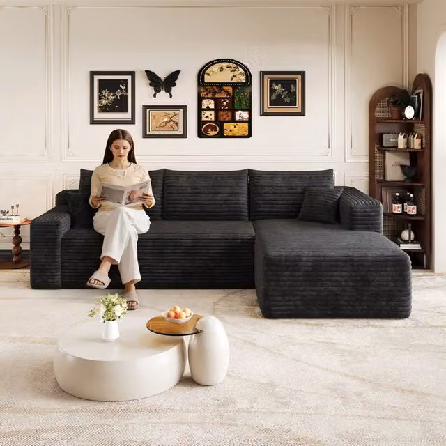Divano angolare modulare 241x151x58 cm; divano effetto nuvola con seduta profonda; stile minimalista; velluto a coste; nero