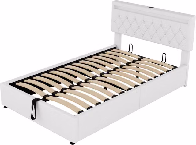 Letto contenitore matrimoniale in lino bianco con illuminazione LED e porte USB e Type-C L/P/H: 140 x 200 x 42 cm