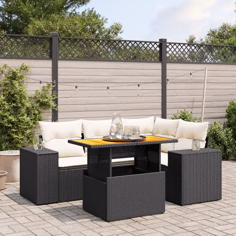 vidaXL Set Divani da Giardino a L 5 pz in Polyrattan Nero con Cuscini e Tavolino