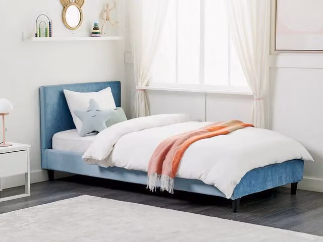 Letto singolo Beliani in velluto blu con rete a doghe in stile moderno L/P/H: 90 x 200 cm – 1