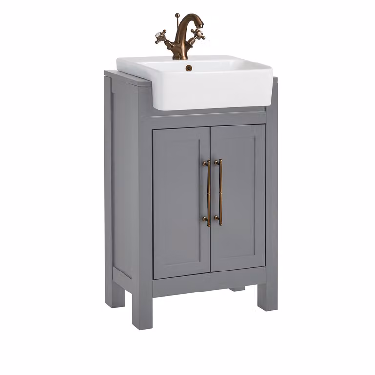 Mobile Bagno Grigio Chiaro da 550mm con Lavabo e Maniglia Classica con Barra a T in in Rame Satinato - Warwick