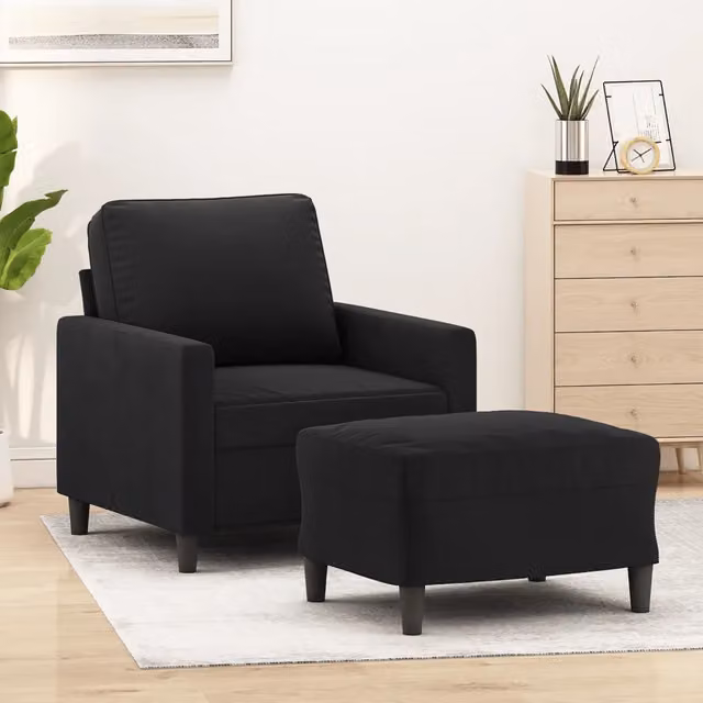 Poltrona moderna con poggiapiedi vidaXL in velluto nero con braccioli e struttura in metallo e MDF