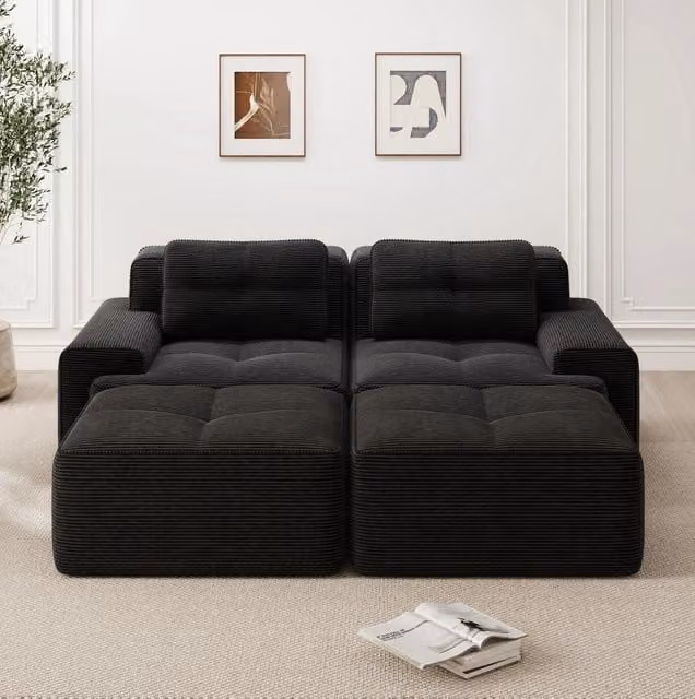 Divano modulare a U 204x177x69 cm in velluto a coste nero, con ottomano, per soggiorno –