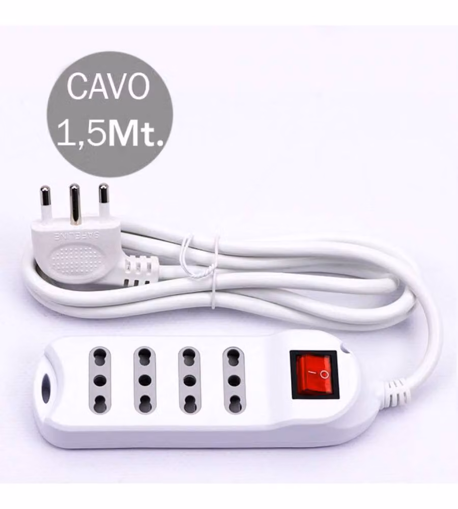 Multipresa V-TAC con 4 Prese 10/16A 2P+T Bipasso, Interruttore Luminoso e Cavo da 1,5 m, Colore Bianco