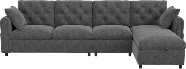 Divano angolare moderno grigio con spazio contenitore e tasche laterali, 281x132x86 cm, schienale trapuntato