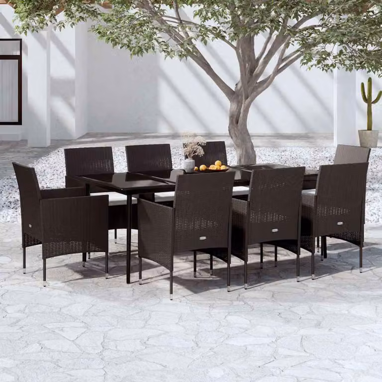 Set da pranzo da giardino vidaXL in polyrattan nero con cuscini e tavolo in vetro da 9 pezzi