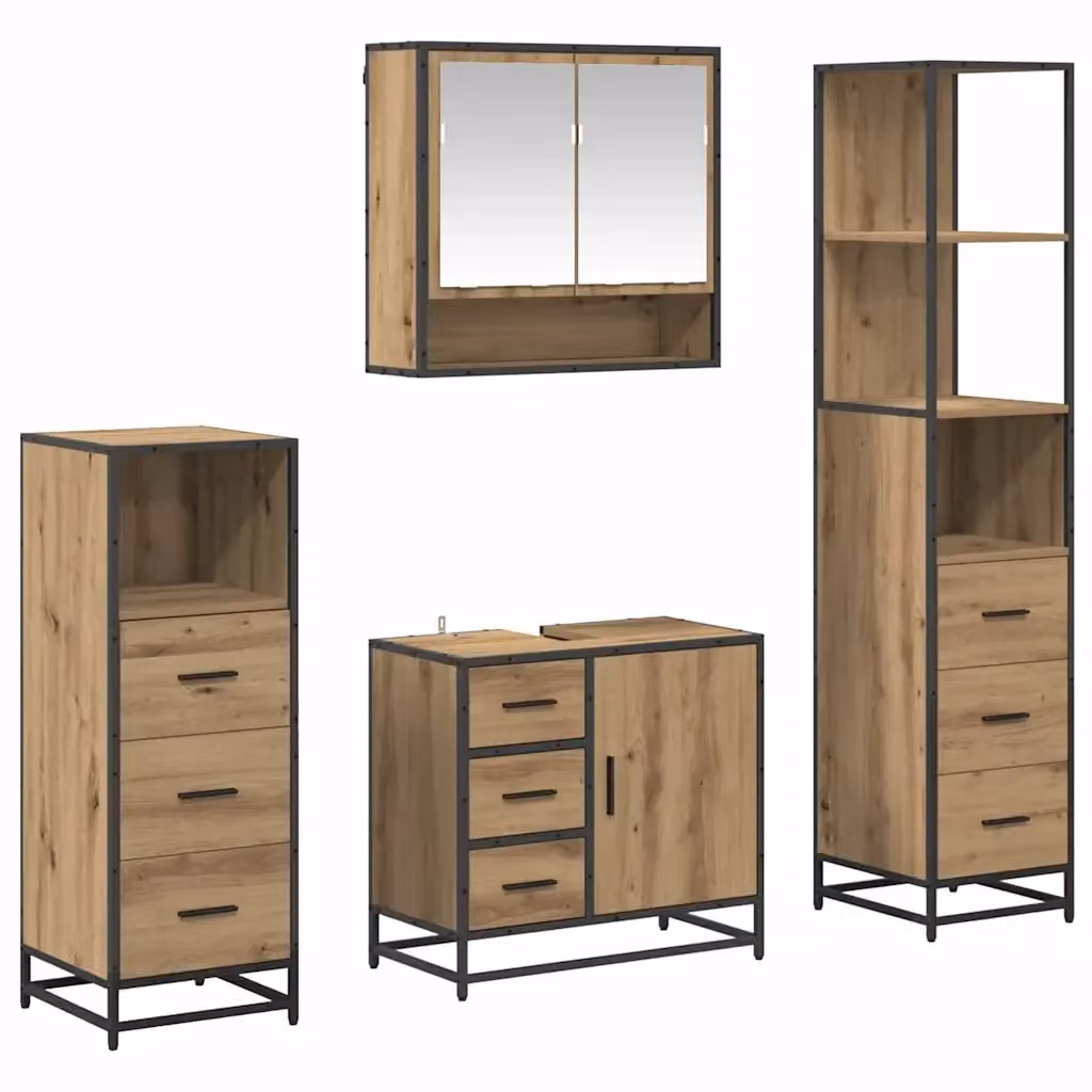 Set di mobili per bagno vidaXL 4 pezzi in legno e metallo color rovere marrone con armadietto specchio, mobile lavabo, mobile laterale e colonna alta, design minimalista a parete – 2