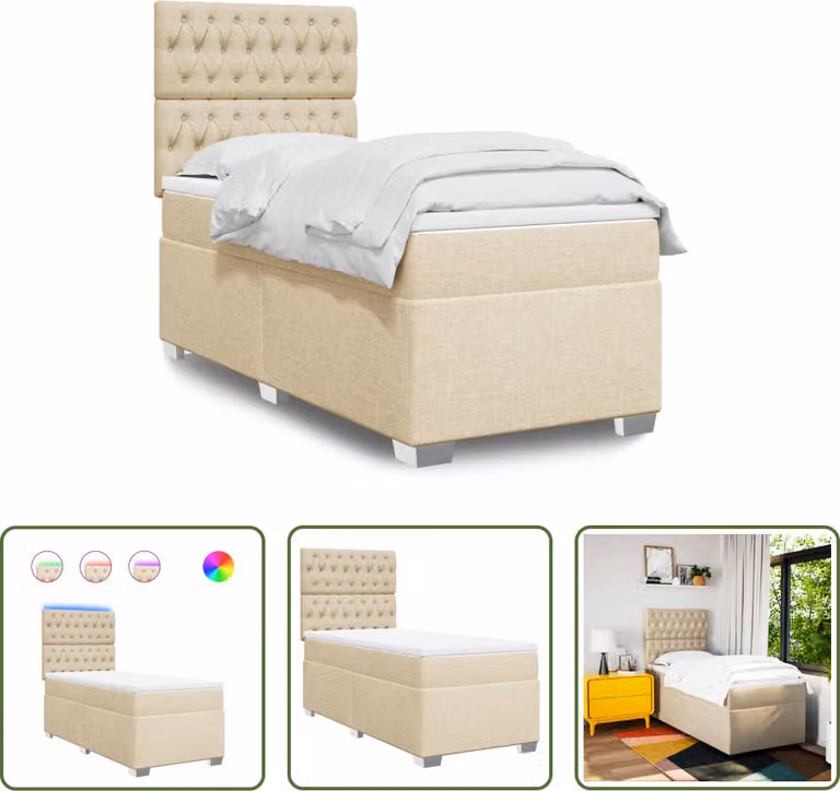 The Living Store Letto a molle con materasso crema 90x200 cm in tessuto