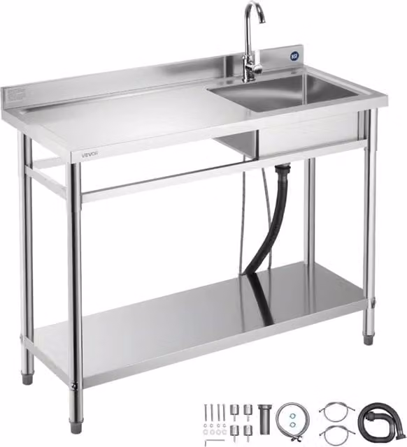 Lavello mobile in acciaio inox con vasca singola, rubinetto e ripiano, piano sinistro per garage e lavanderia, SS1200-3, 1200 x 500 x 940 mm