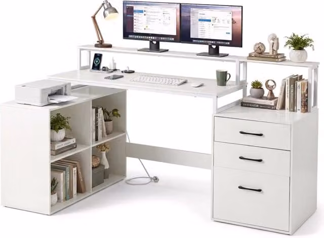 Scrivania angolo L prese alimentazione ufficio domestico, Scrivania cassetto documenti supporti stampante monitor cubi Bianco