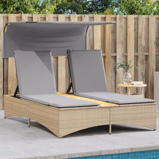 Lettino Doppio con Baldacchino e Cuscini Beige Misto Polyrattan 365623