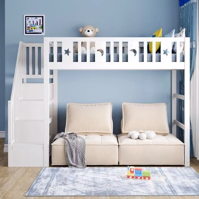 Letto a soppalco per bambini 90x200 in legno massello bianco con scala e barriera