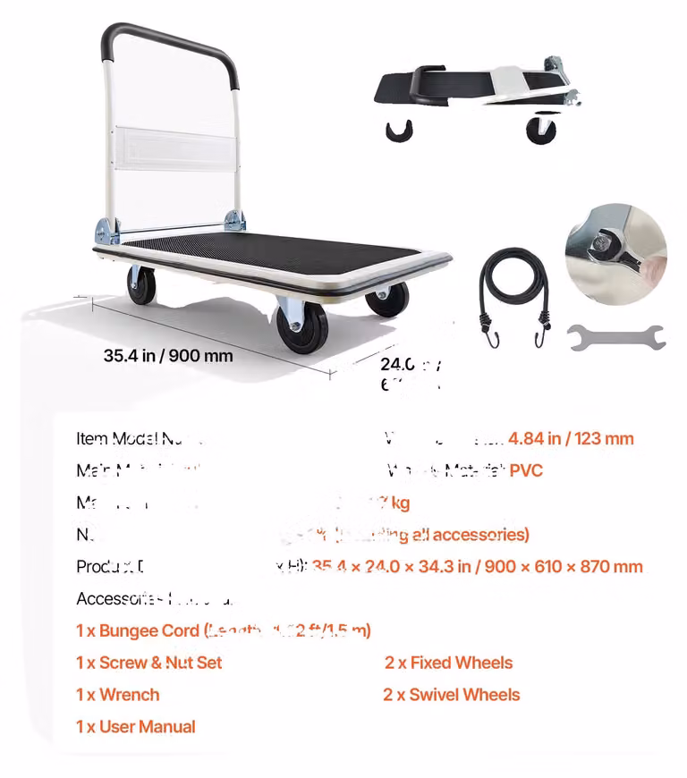 Carrello trasportatore a piattaforma, capacità di carico 150 kg, struttura pieghevole compatta, 660 lbs