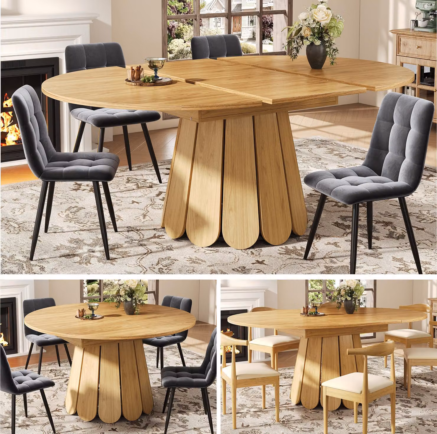 MODFU Tavolo da pranzo rotondo con piano allungabile per 6 persone, tavolo da cucina pieghevole con gambe a forma di fiore, colore legno