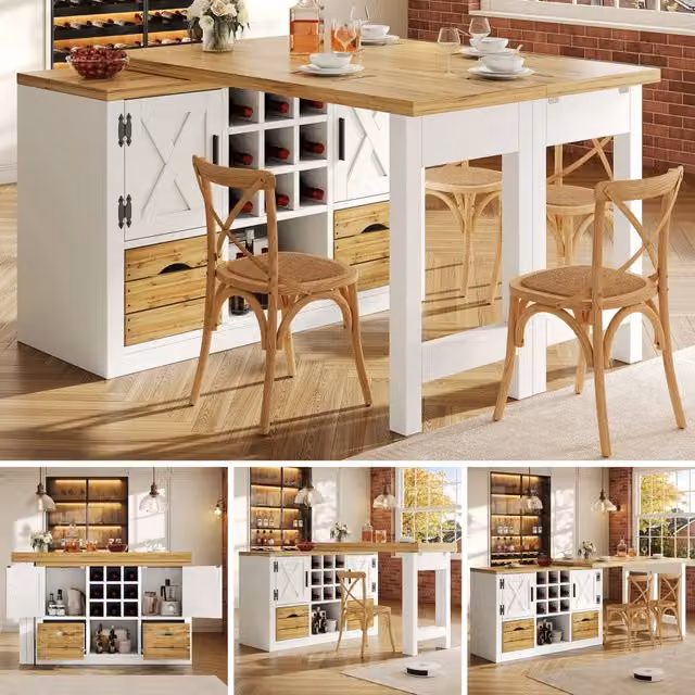 Tavolo da pranzo isola cucina estraibile con credenza, piano girevole 360°, grande spazio contenitivo, parete soggiorno, bianco