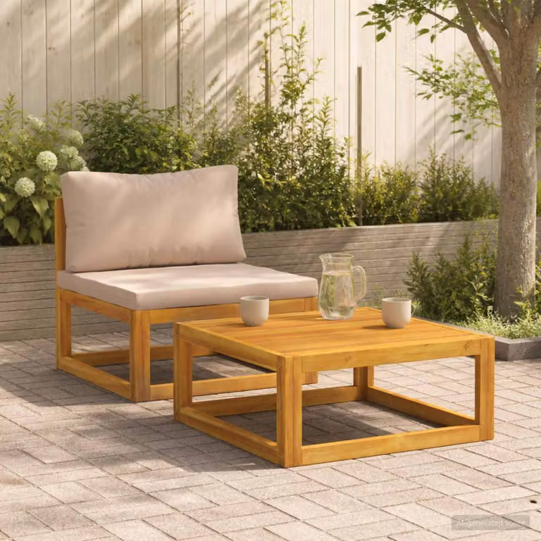 Set da giardino moderno vidaXL composto da divano 2 posti e tavolino da caffè in legno di acacia con cuscini beige o grigi