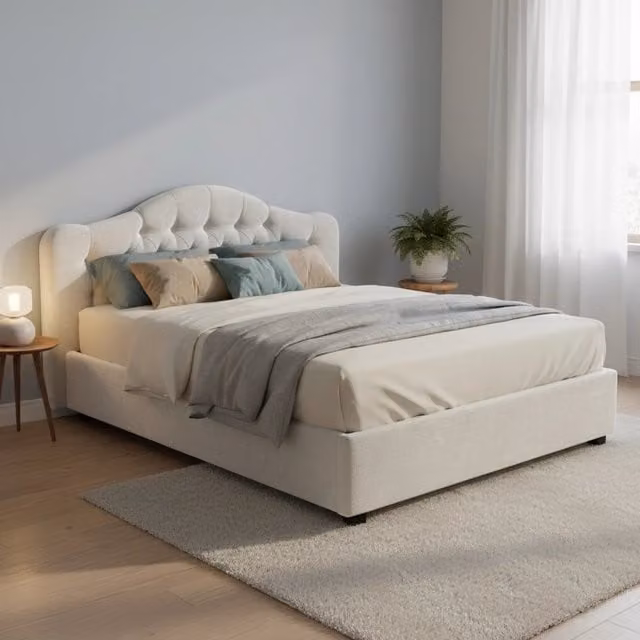 Letto Matrimoniale Aly DMORA con Contenitore a Alzata, Rivestimento in Tessuto Sfoderabile, Bianco, 160 x 200 cm