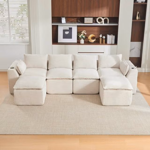 Divano modulare 4 posti in velluto a coste beige con 2 pouf e portabicchieri