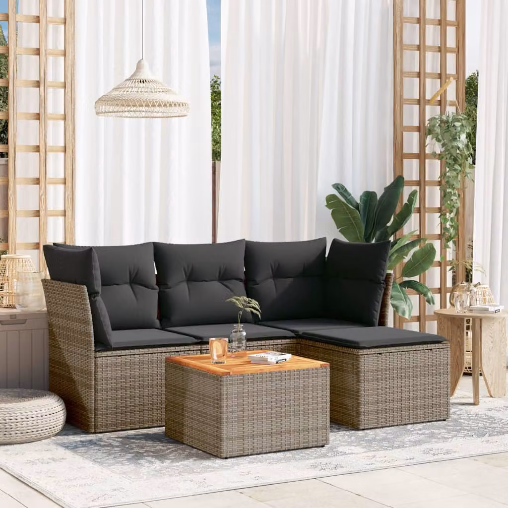 Set Divano da Giardino vidaXL 5 pz in Polyrattan con Cuscini e Tavolino, L-Shape, Grigio e Marrone – 1