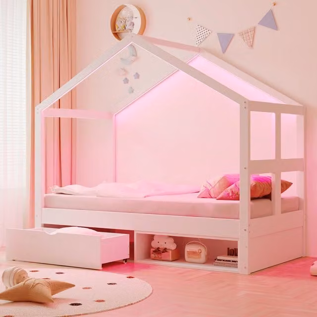Letto Singolo con Cassetti e LED ¨C MINIMAL ¨C Bianco, Rete a Doghe, 90x190