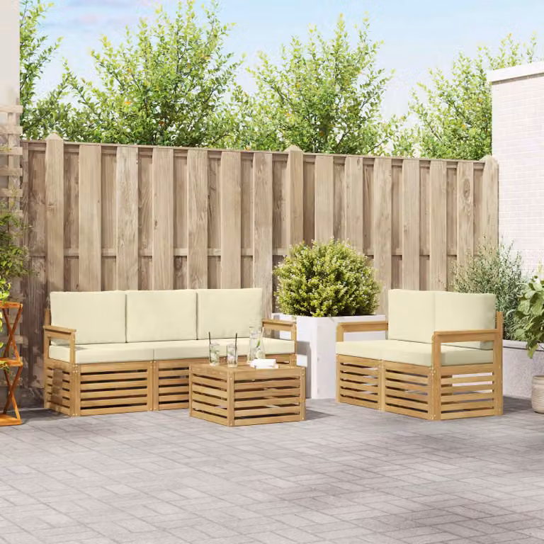 Set di divani da esterno vidaXL a forma di L composto da 6 pezzi con tavolo da caffè, in legno di acacia e tessuto resistente ai raggi UV, colore bianco e beige