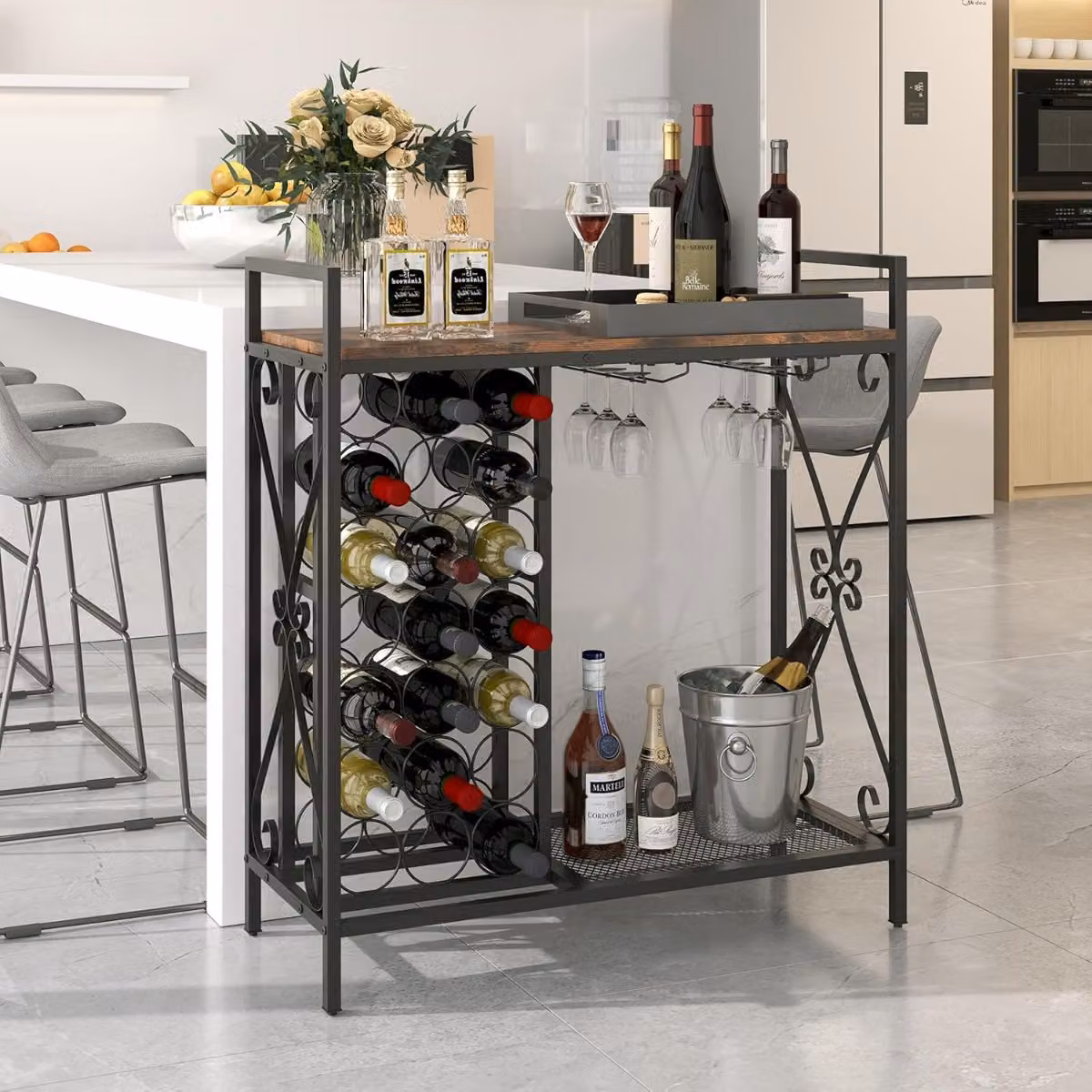 Portabottiglie da vino Costway per 21 bottiglie con supporto per bicchieri e piano in legno, Marrone e Nero