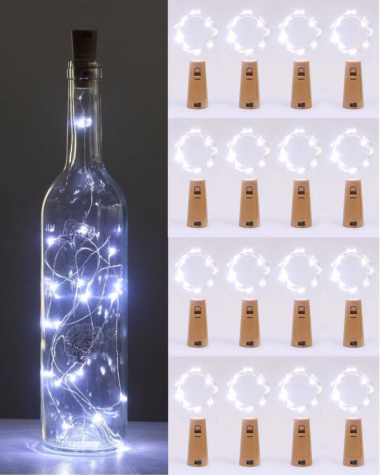 Catena luminosa a LED per bottiglie, 2 metri, 20 LED, luce bianca fredda, confezione da 16 pezzi