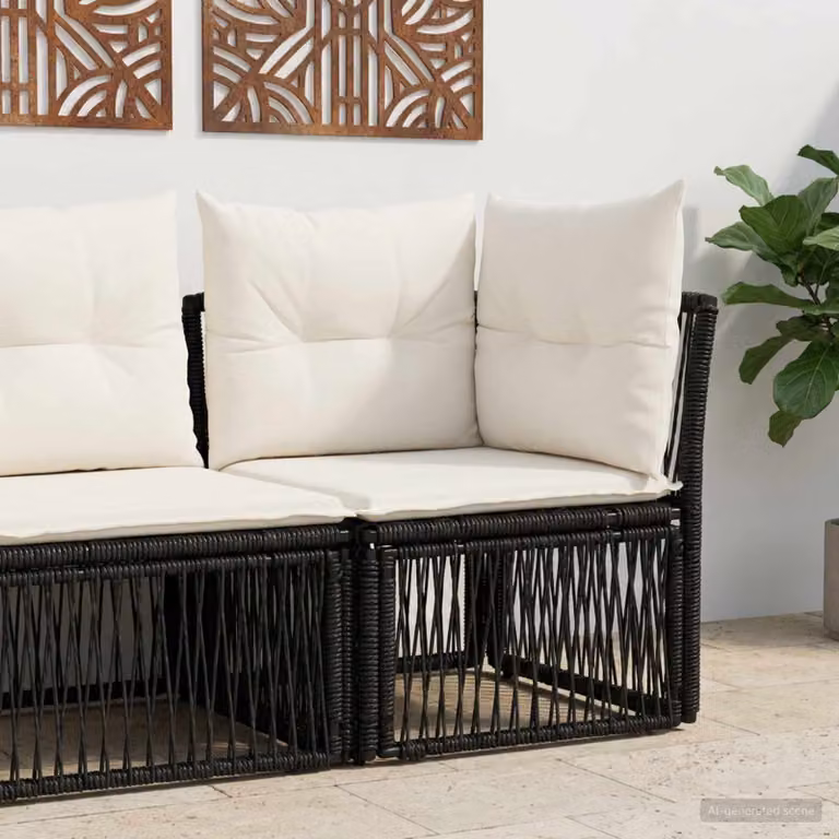 Unità divano angolare vidaXL in polyrattan nero con cuscini imbottiti e struttura in metallo per giardino e terrazzo