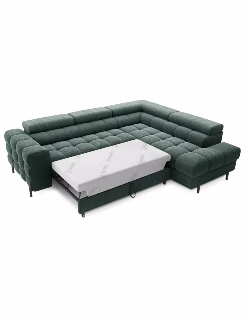 Divano letto angolare FERRUM MEUBLORAMA verde scuro stile industriale con angolo destro, funzione letto e poggiatesta regolabile, L: 276 cm, P: 93 cm, H: 200 cm – 2