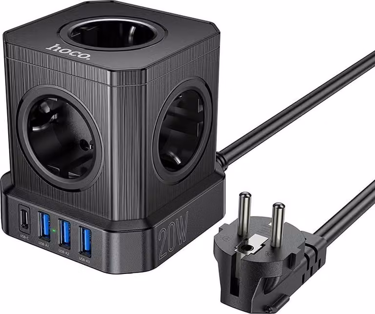 HOCO Multipresa multifunzione 5 prese + 3 x USB A + USB C, conforme alle norme UE, 4000 W, PD, QC, 3 A, NS8, 2 m, nero