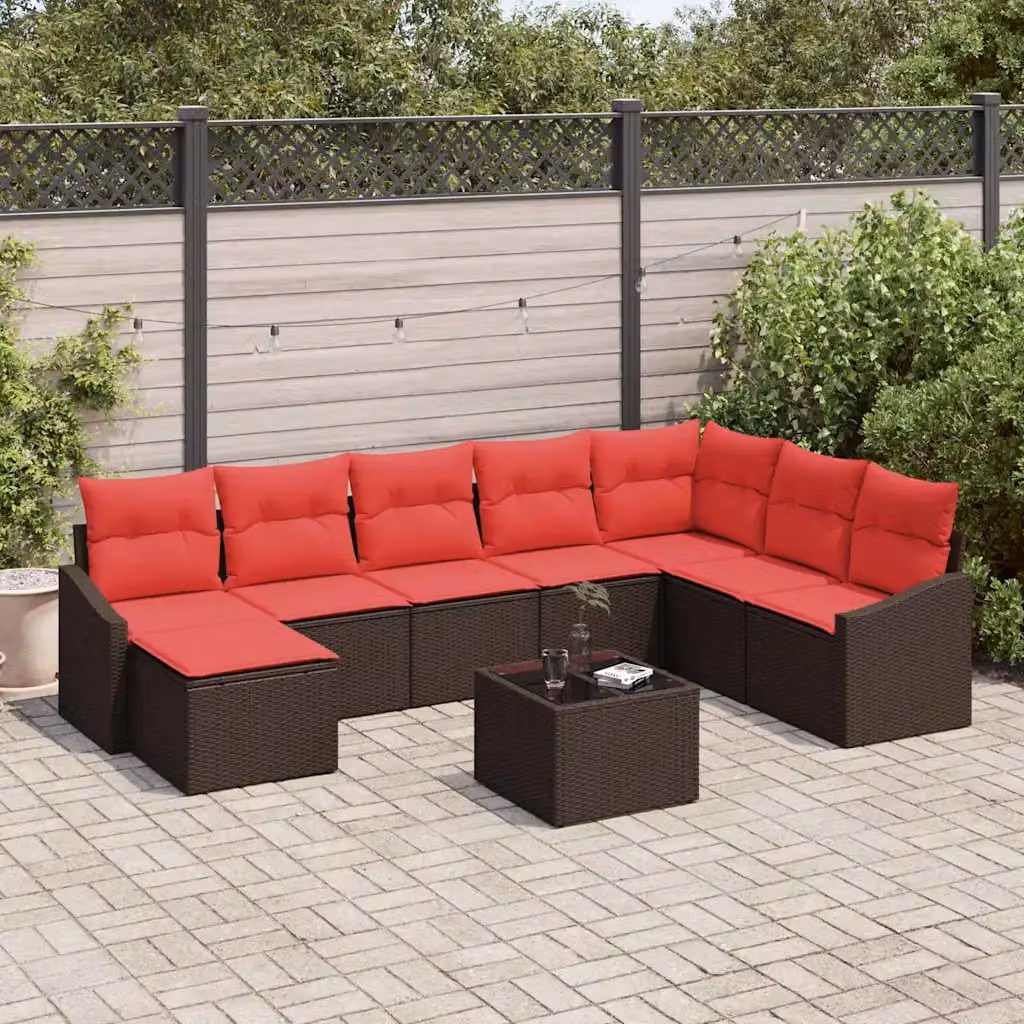 Set di divani da giardino vidaXL 9 pezzi in polyrattan marrone con cuscini e tavolino da caffè per esterno