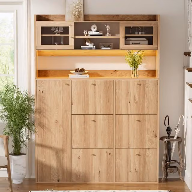 Scarpiera LED con 6 vani a ribalta doppi e anta laterale, frontale in vetro, per ingresso, 130 × 25 × 180 cm