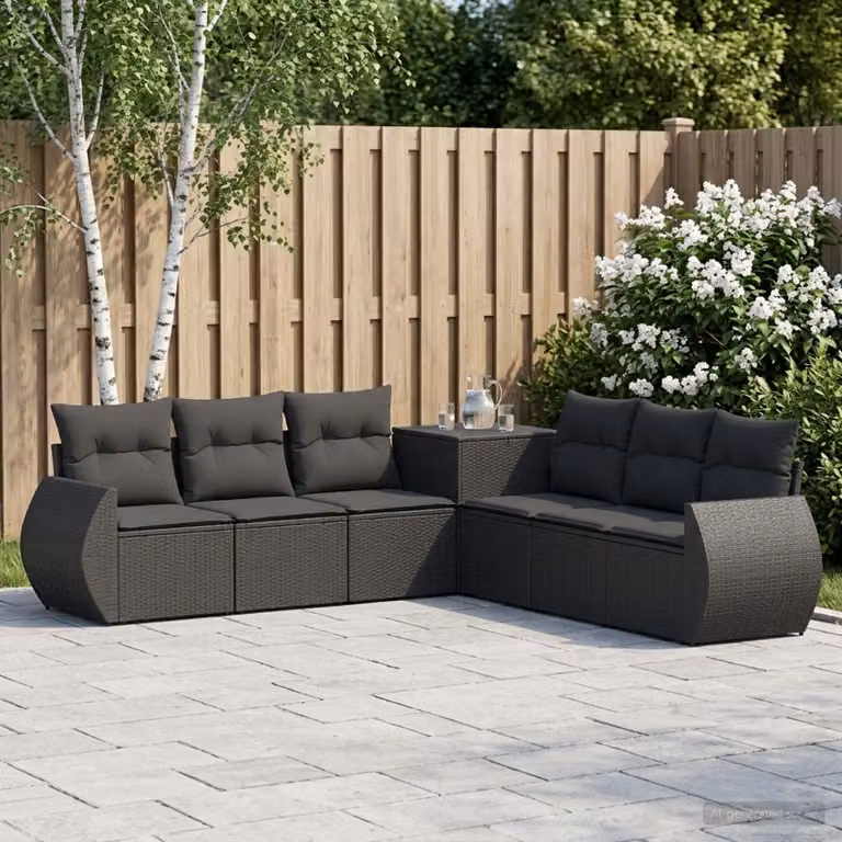 Set di divani da giardino vidaXL a forma di L, 7 pezzi, colore nero, in rattan sintetico e acciaio verniciato a polvere con cuscini inclusi