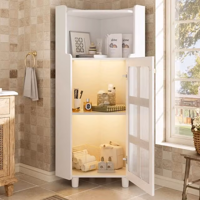 Armadio angolare bianco con finitura laccata e illuminazione LED, controllo app, per soggiorno, libreria, bagno (63,5x124 cm)