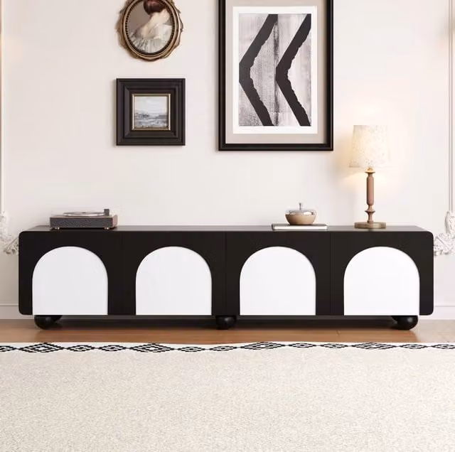 Mobile TV ULEVR 180x38x45 cm con 2 cassetti, 2 ante e passacavi, MDF e PB, nero e bianco