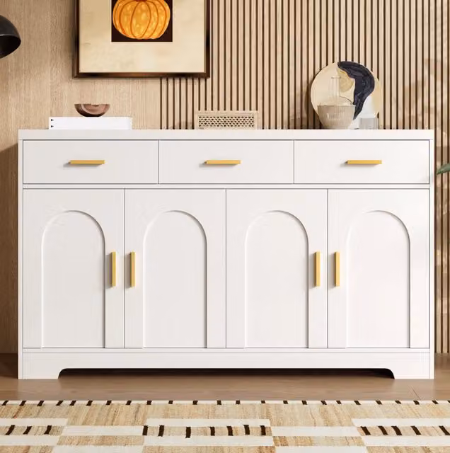 Sideboard bianco 140x40x83 cm con 4 ante ad arco; 3 cassetti; MDF