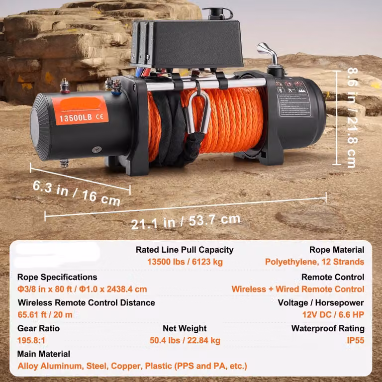 Verricello elettrico – Capacità di traino: 6123 kg – Grado di protezione IP55 (resistente all'acqua) – Motore 12V, 6,6 cavalli – Verricello per fuoristrada